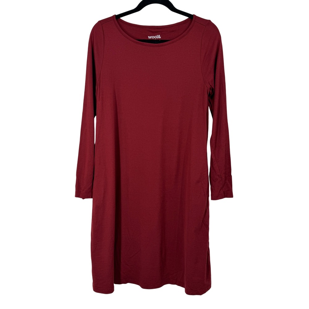 wool& Merino Wool Blend Long Sleeve Swing Dress Burgundy Pockets Medium